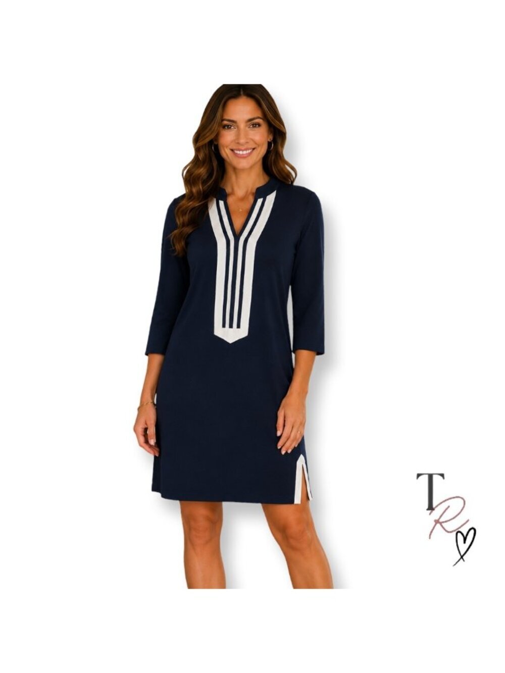Duffield Lane Navy Tunic Dress Size Large White Trim 3/4 Sleeve Preppy Stretch